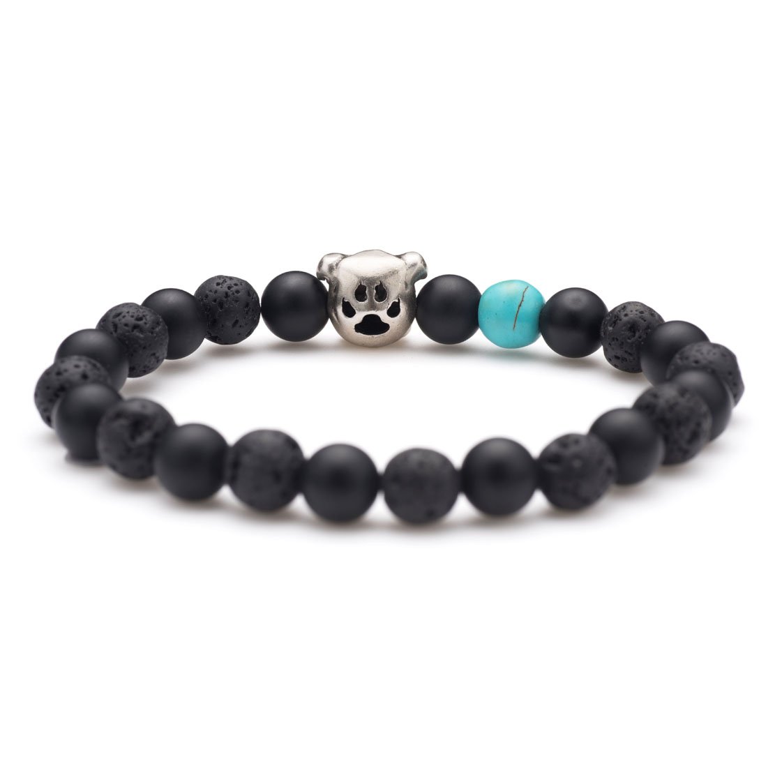 Karseer Black Matte Onyx and Lava Energy Stone Mala Beaded Stretch Bracelet with Bulldog Mascot Charm and Birthstone Embellishment, Handmade Friendship Jewelry Gift Unisex 7", Antique Silver