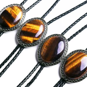 Moranse Bolo Tie with Natural Tiger Eye Stone Celtic Style Genuine and Cowhide Rope(Tiger Eyes 1 Style)