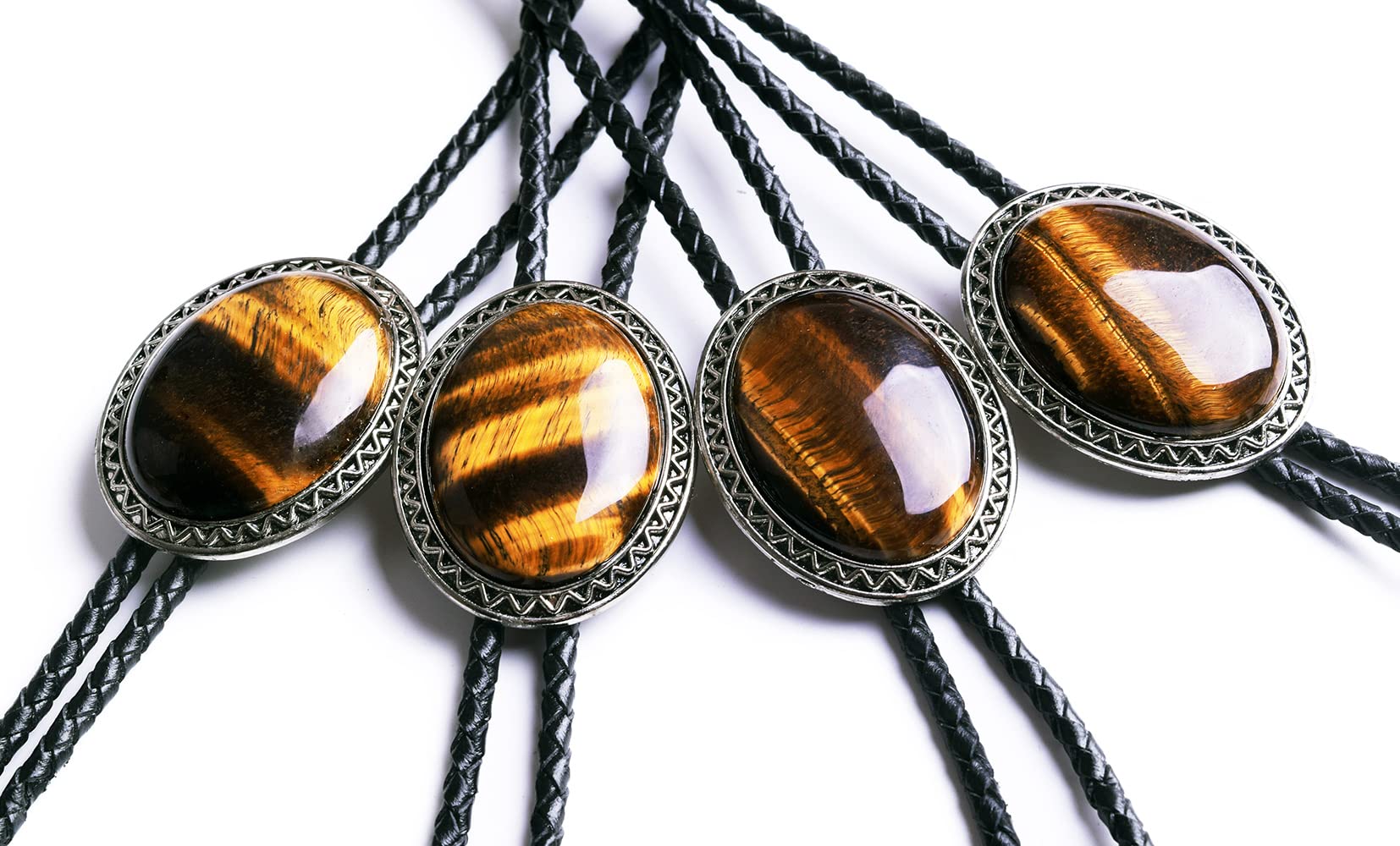 Moranse Bolo Tie with Natural Tiger Eye Stone Celtic Style Genuine and Cowhide Rope(Tiger Eyes 1 Style)