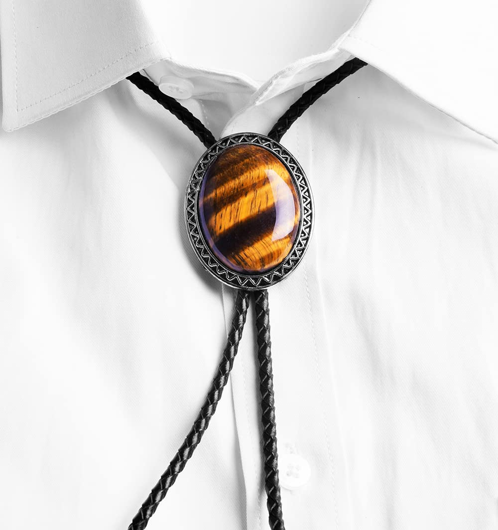 Moranse Bolo Tie with Natural Tiger Eye Stone Celtic Style Genuine and Cowhide Rope(Tiger Eyes 1 Style)