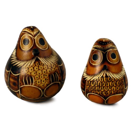 Two Assorted Owl Rattle Pack Lot Peruvian Gourd Maraca Hand Carved Peru Crisp Sounds *000028*