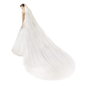 BEAUTELICATE Bridal Wedding 2 Tiers Long Cathedra Veil Cut Edge with Comb White Ivory Off-White