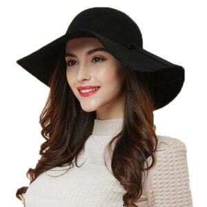 ASSQI Women's 100% Wool Foldable Wide Brim Retro Fedora Floppy Felt Bowler Hat (Black)