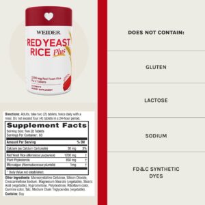 Weider Red Yeast Rice Plus 1200mg - With 850mg of Natural Phytosterols- Gluten FREE - One Month Supply