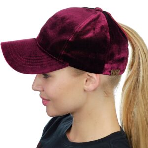 C.C Ponycap Messy High Bun Ponytail Soft Velvet Adjustable Baseball Cap Hat, Burgundy