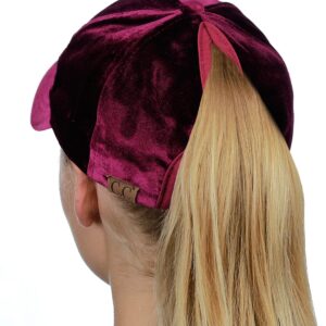 C.C Ponycap Messy High Bun Ponytail Soft Velvet Adjustable Baseball Cap Hat, Burgundy