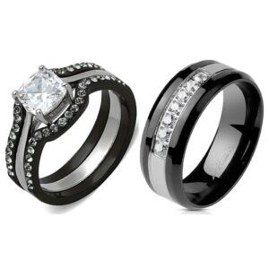 his hers couples ring set womens black stainless steel promise ring mens 7 cz wedding band - size w7m11