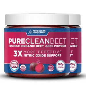 pureclean organic beet juice powder - nitric oxide supplement - 100% usa grown beets - organic beet root powder 30 servings, 300g (2 jars 60 servings)