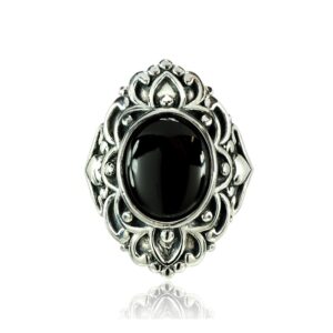 ice gems sterling silver simulated onyx oxidized bali inspired vintage oval ring, size 7