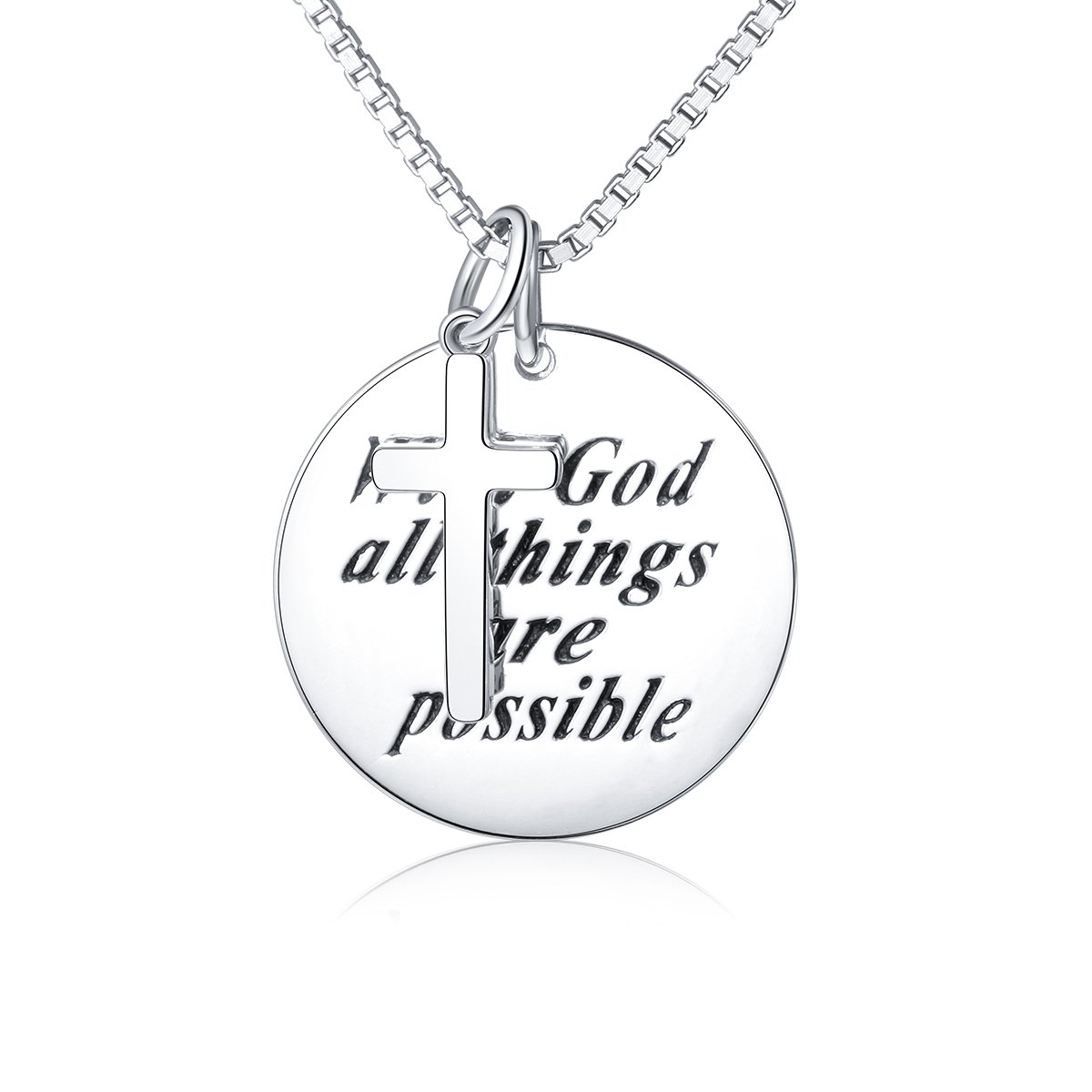 JZMSJF S925 Sterling Silver Faith Cross Necklace With God All Things Are Possible Inspirational Jewelry for Women Adults