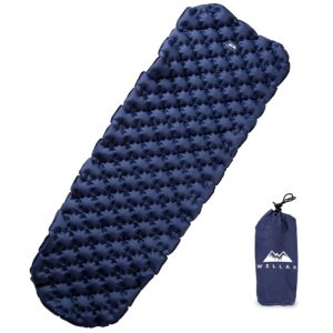 WellaX Ultralight Air Sleeping Pad - Inflatable Camping Mat for Backpacking, Traveling and Hiking Air Cell Design for Better Stability & Support -Plus Repair Kit - Blue