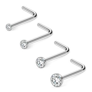 ruifan 4pcs 18g 316l surgical steel 1.5mm 2mm 2.5mm 3mm jeweled clear round diamond cubic zirconia crystal nose l shaped studs rings piercing jewelry - silver