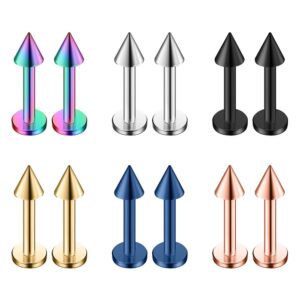 Ruifan 12PCS Assorted Colors Stainless Steel Spike Labret Monroe Lip Ring/Tragus/Helix Earring Stud Barbell Body Piercing Jewelry 20G 6mm