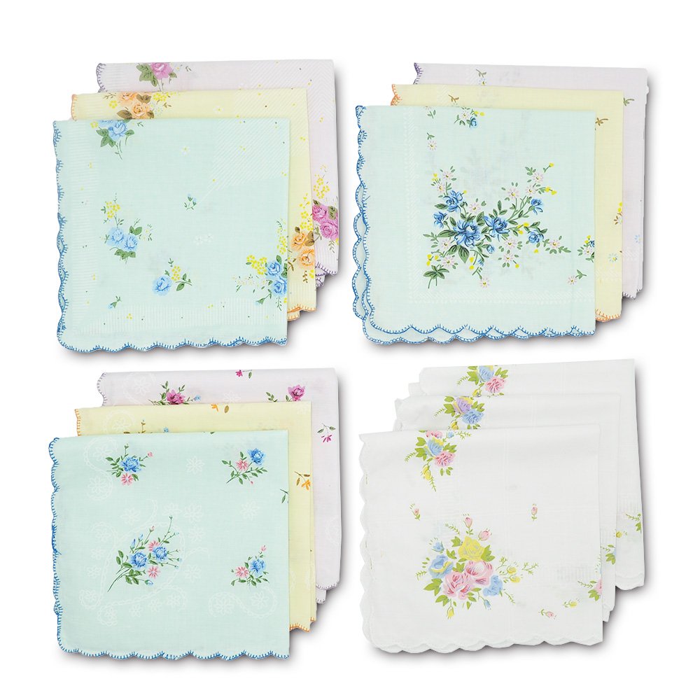 GB Women's 100% Cotton Handkerchiefs Assorted with Wavy Edge and Print Floral 12 Pieces