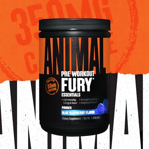 Animal Fury Pre Workout Powder - Energy and Focus Supplement with 5g BCAA, 350mg Caffeine Nitric Oxide Booster with Beta-Alanine, Preworkout for Men and Women, Blue Raspberry Flavor, 30 Servings