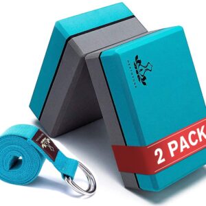 Heathyoga Yoga Blocks 2 Pack with Strap, High Density EVA Foam Yoga Block and Yoga Strap Set to Support and Improve Poses and Flexibility (Turquoise)