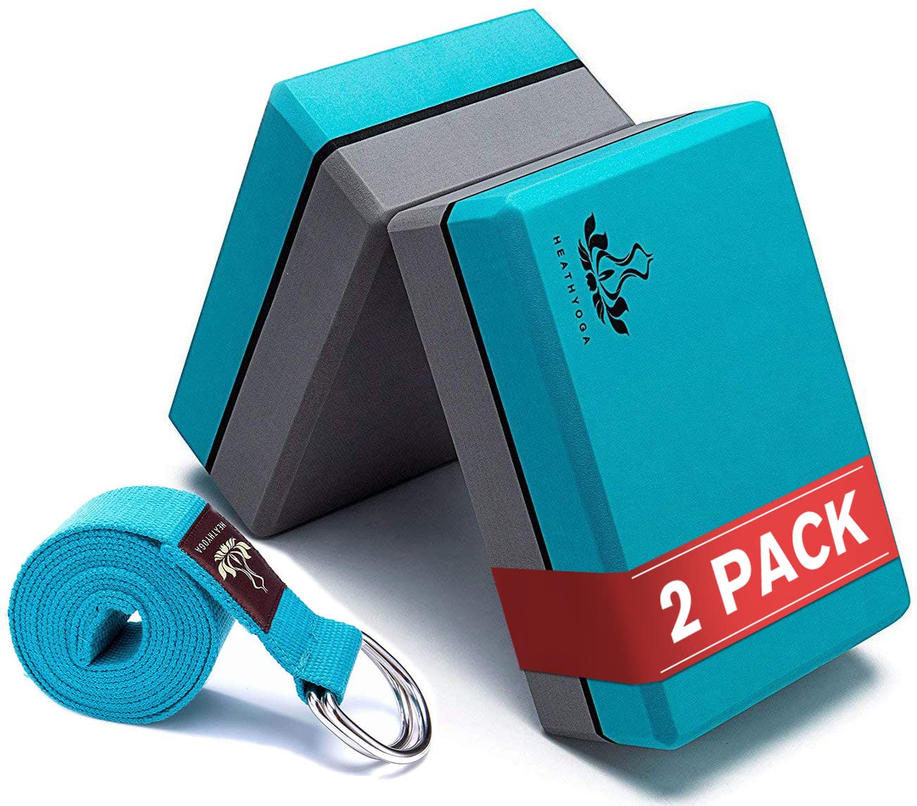 Heathyoga Yoga Blocks 2 Pack with Strap, High Density EVA Foam Yoga Block and Yoga Strap Set to Support and Improve Poses and Flexibility (Turquoise)