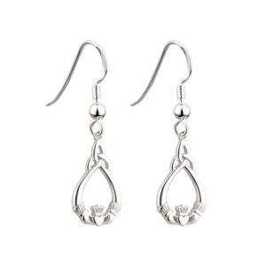 biddy murphy, traditional irish claddagh & trinity knot dangle earrings for women, 925 sterling silver classic celtic jewelry, imported from ireland, 1 inch by 3/8" inch