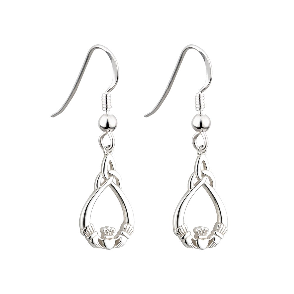 Biddy Murphy, Traditional Irish Claddagh & Trinity Knot Dangle Earrings for Women, 925 Sterling Silver Classic Celtic Jewelry, Imported from Ireland, 1 Inch by 3/8" Inch