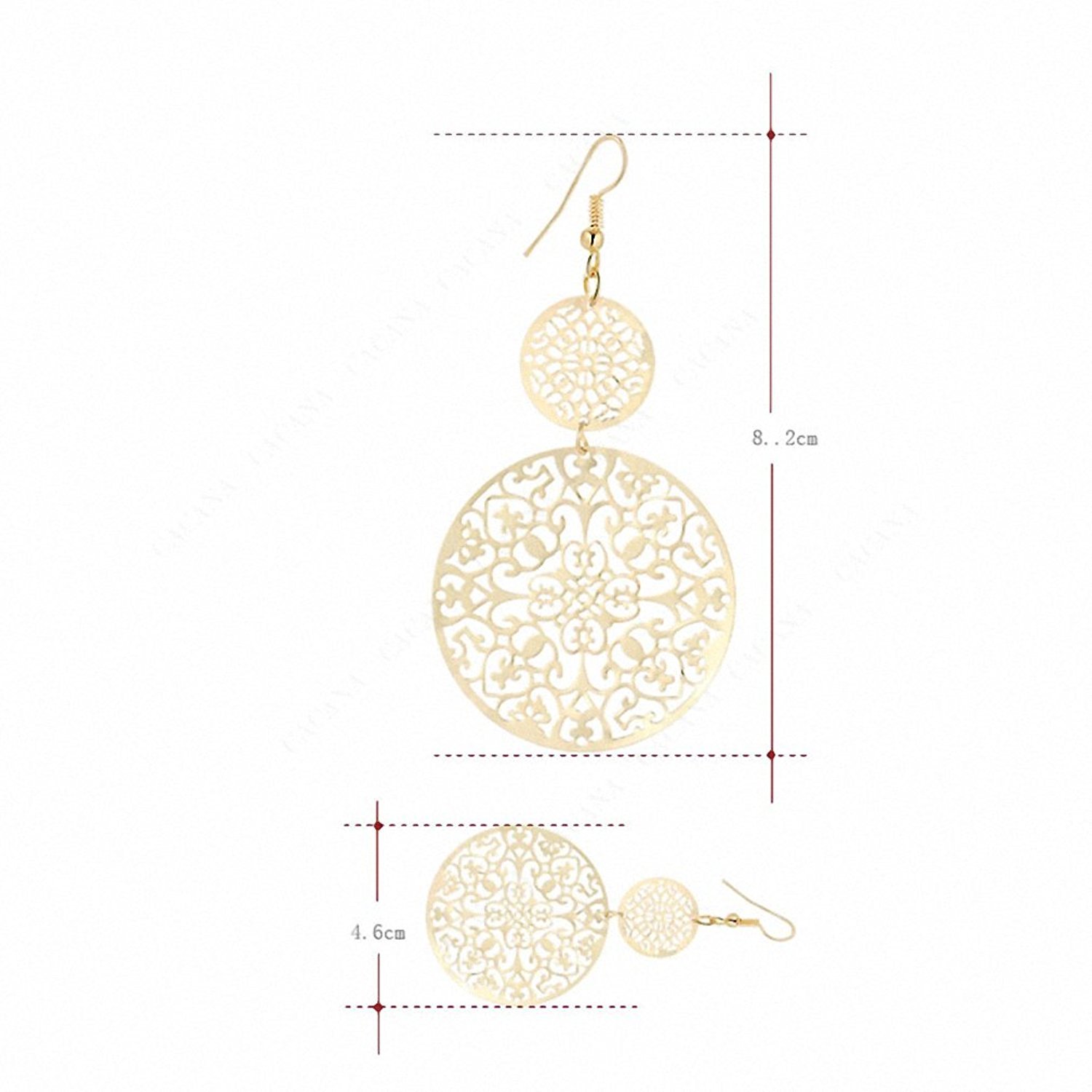 IDB Delicate Filigree Dangle Double Circle Drop Hook Earrings - Approx 3 1/4 inches (3.25" / 8.2 cm) Length x 1 13/16 inches (1.81" / 4.6cm) - (Gold Tone)