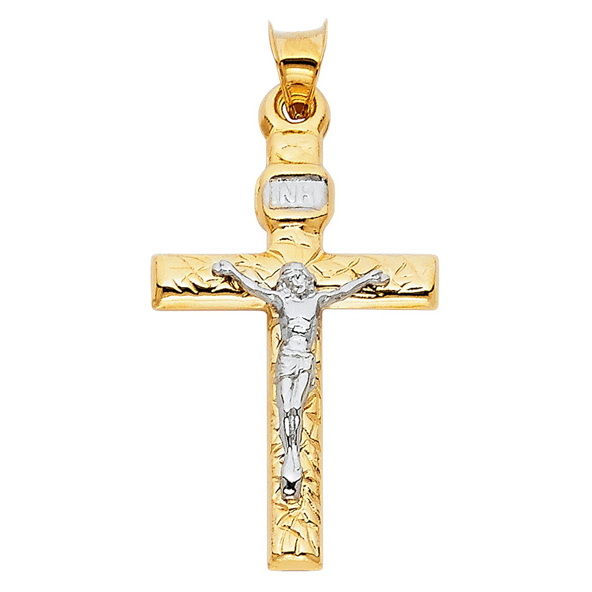 14K Two Tone Gold Crucifix Cross Charm Pendant - Jesus Engraved Cross Pendant with Detailed Finish - Christian Fine Jewelry - Suitable for Men & Women - Perfect Gift for All Occasions