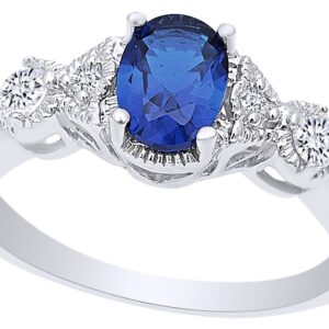 AFFY Oval Cut Simulated Blue Sapphire & Cubic Zirconia Fashion Ring in 14k White Gold Over Sterling Silver Ring Size - 12.5