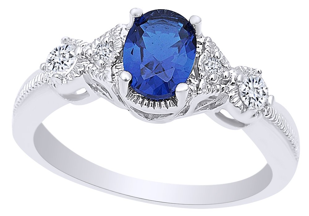 AFFY Oval Cut Simulated Blue Sapphire & Cubic Zirconia Fashion Ring in 14k White Gold Over Sterling Silver Ring Size - 12.5