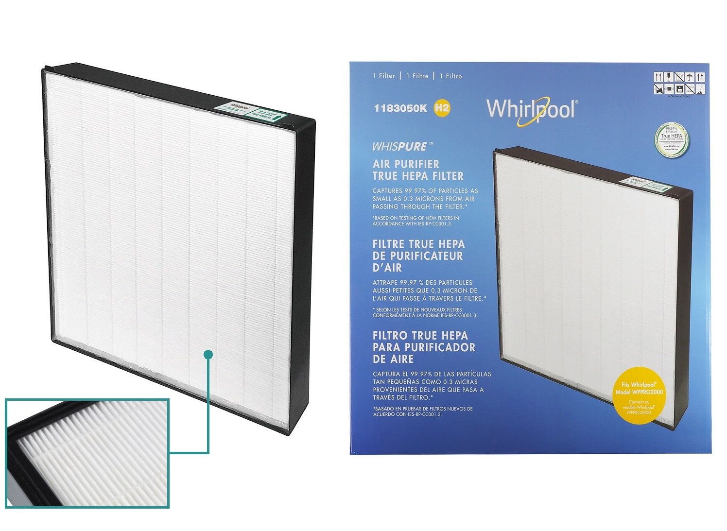 Whirlpool 1183050K True HEPA Filter (Extra Large) - Design to Fit Air Purifier Model WPPRO2000, 18.1x18.1 inch