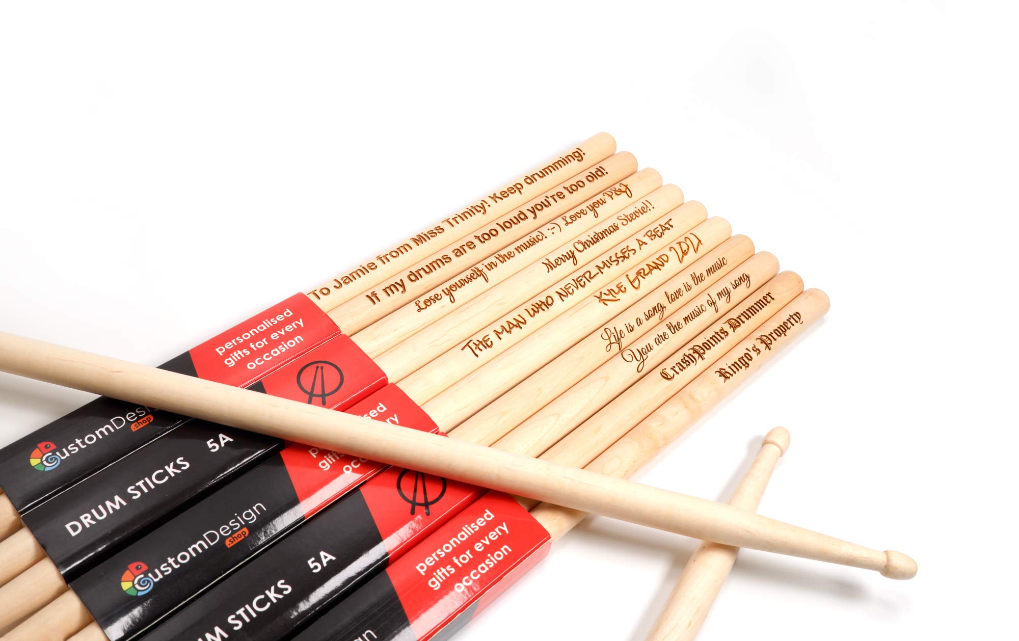 Personalized Custom Drum Sticks + Optional Gift Box - 5A Size | Design A Truly Unique Present | Laser Engraved