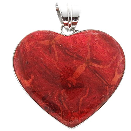 Large Red Sponge Coral Heart 925 Sterling Silver Pendant, 1 5/8"