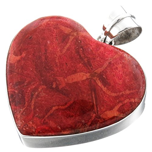 Large Red Sponge Coral Heart 925 Sterling Silver Pendant, 1 5/8"