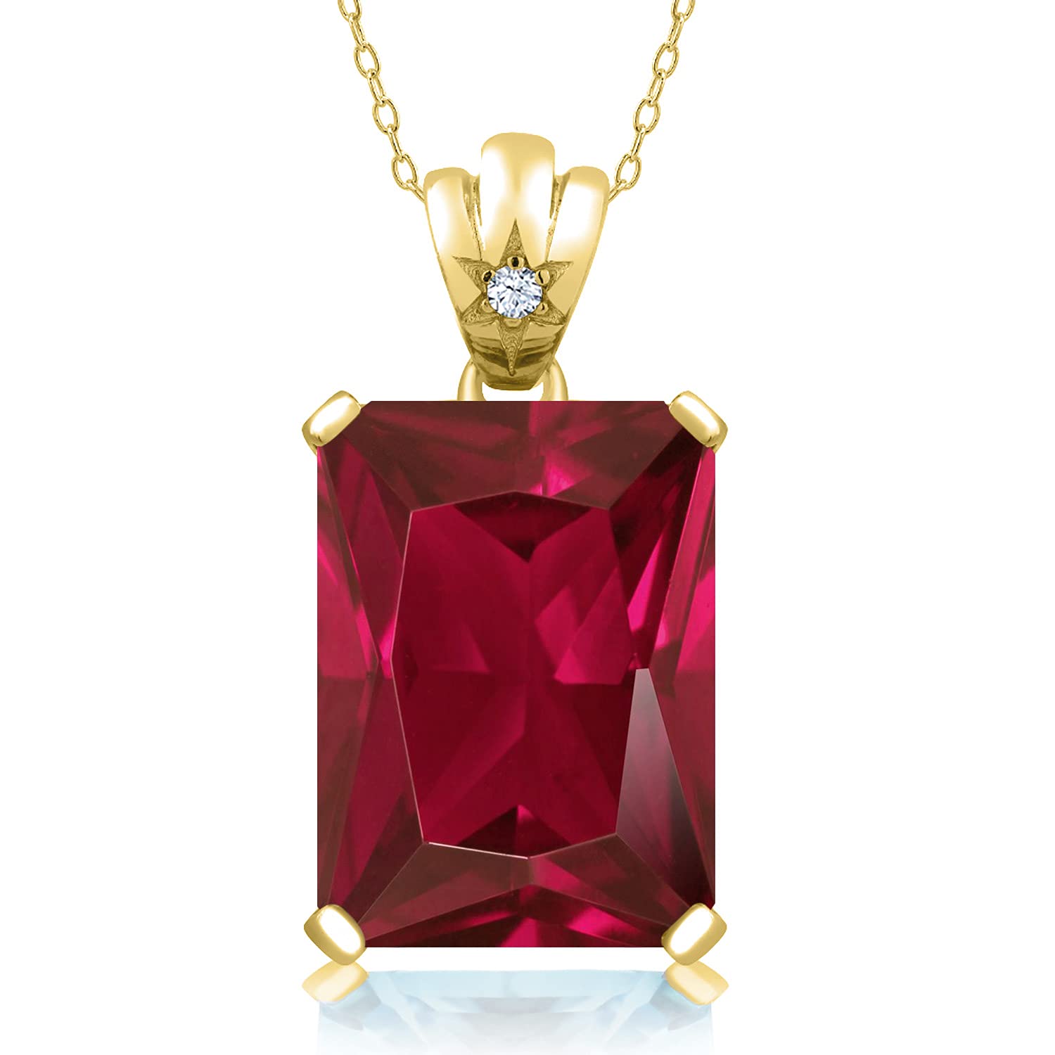 Gem Stone King 20.03 Cttw 18K Yellow Gold Plated Silver Red Created Ruby and White Topaz Pendant Necklace For Women | Emerald Cut 18X13MM | With 18 Inch Chain