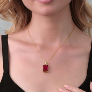 Gem Stone King 20.03 Cttw 18K Yellow Gold Plated Silver Red Created Ruby and White Topaz Pendant Necklace For Women | Emerald Cut 18X13MM | With 18 Inch Chain