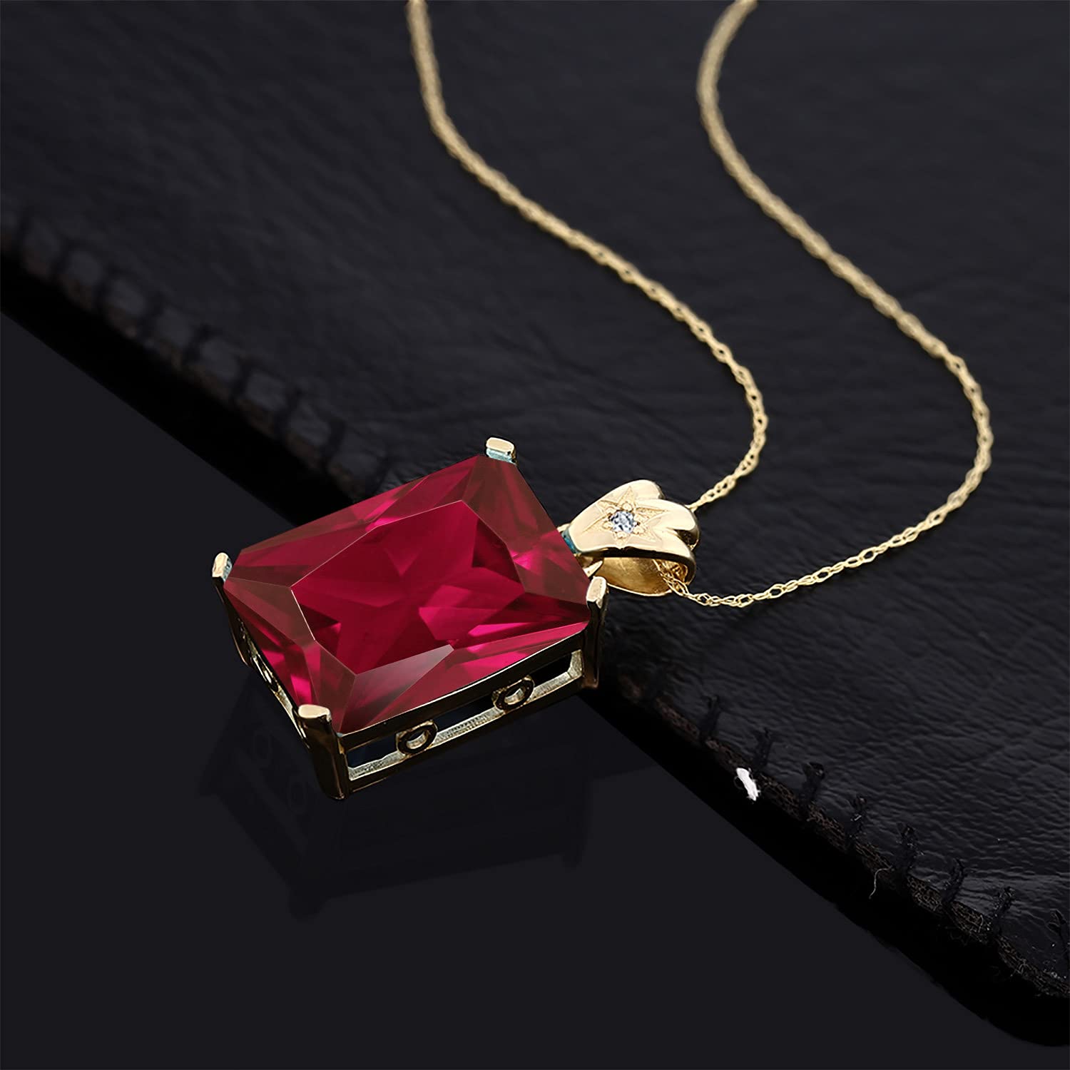 Gem Stone King 20.03 Cttw 18K Yellow Gold Plated Silver Red Created Ruby and White Topaz Pendant Necklace For Women | Emerald Cut 18X13MM | With 18 Inch Chain