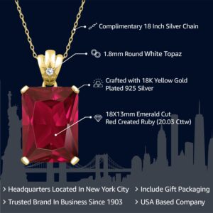 Gem Stone King 20.03 Cttw 18K Yellow Gold Plated Silver Red Created Ruby and White Topaz Pendant Necklace For Women | Emerald Cut 18X13MM | With 18 Inch Chain