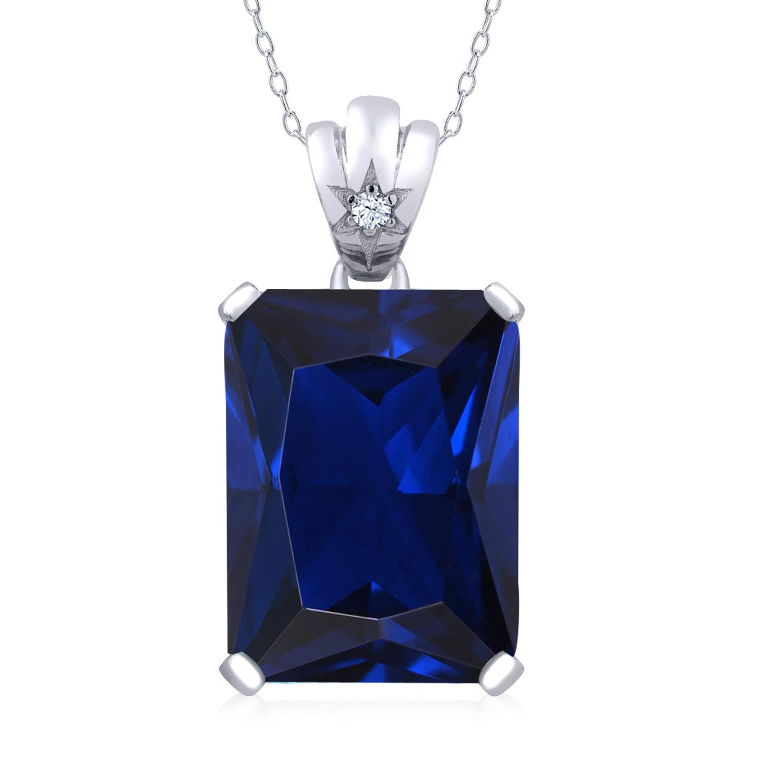 Gem Stone King 17.53 Cttw Blue Created Sapphire and White Topaz Pendant Necklace For Women In 925 Sterling Silver | Emerald Cut 18X13MM | With 18 Inch Silver Chain