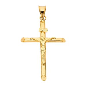 14K Yellow Gold Crucifix Pendant - Jesus Engraved in Tubular Catholic Cross Charm - Religious Based Fine Jewelry, 35 mm X 23 mm, 1.3 grams