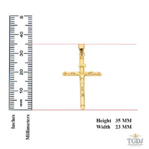 14K Yellow Gold Crucifix Pendant - Jesus Engraved in Tubular Catholic Cross Charm - Religious Based Fine Jewelry, 35 mm X 23 mm, 1.3 grams