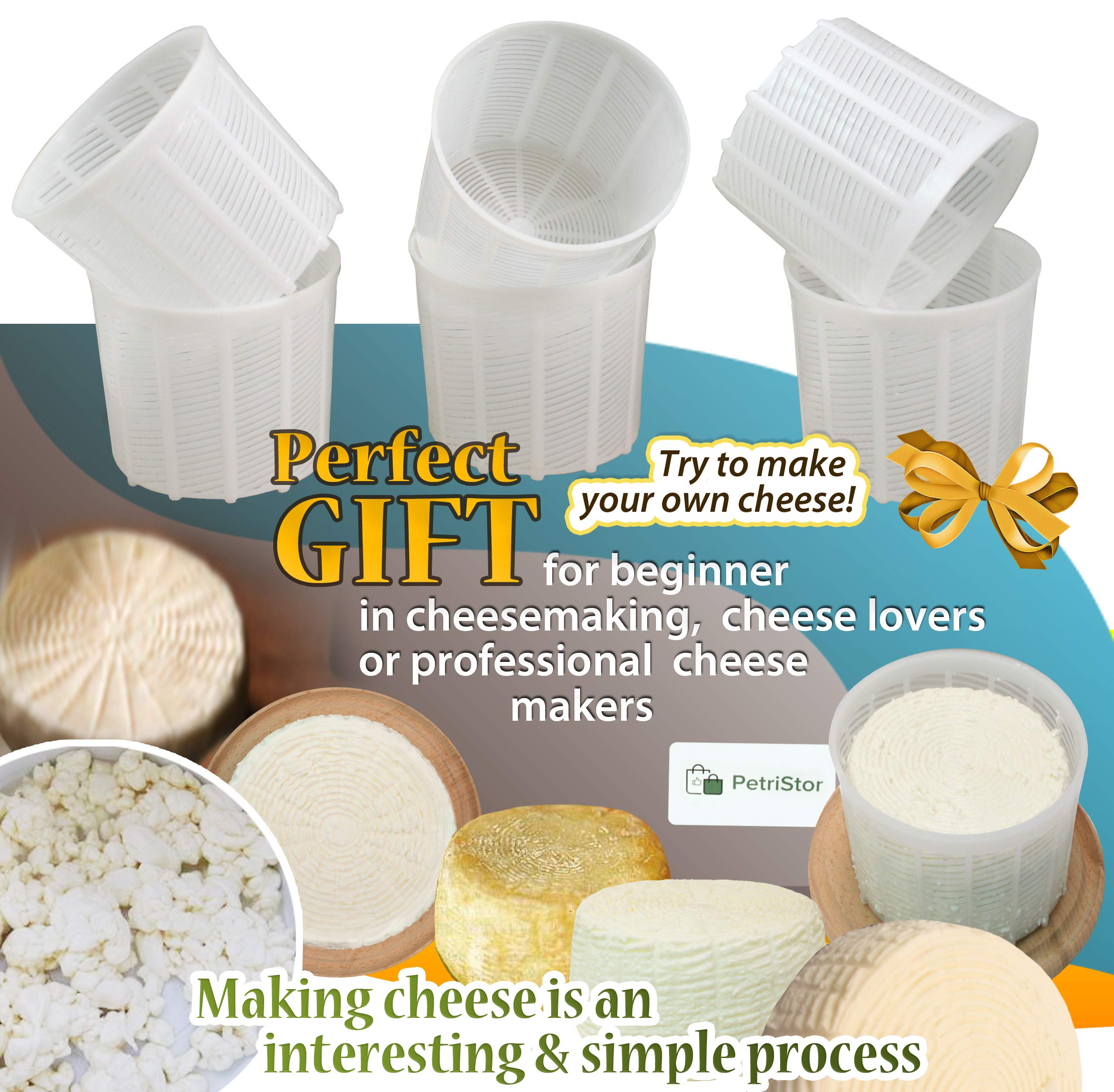 PetriStor 6 Pcs Soft Cheese Mold for Cheese Making 1.85QT - Cheese Making Mold - Cream Cheese Form Mold - Homemade Cheese Making Supplies - Molde Para Queso Fresco Casero - Feta Cheese Making Basket