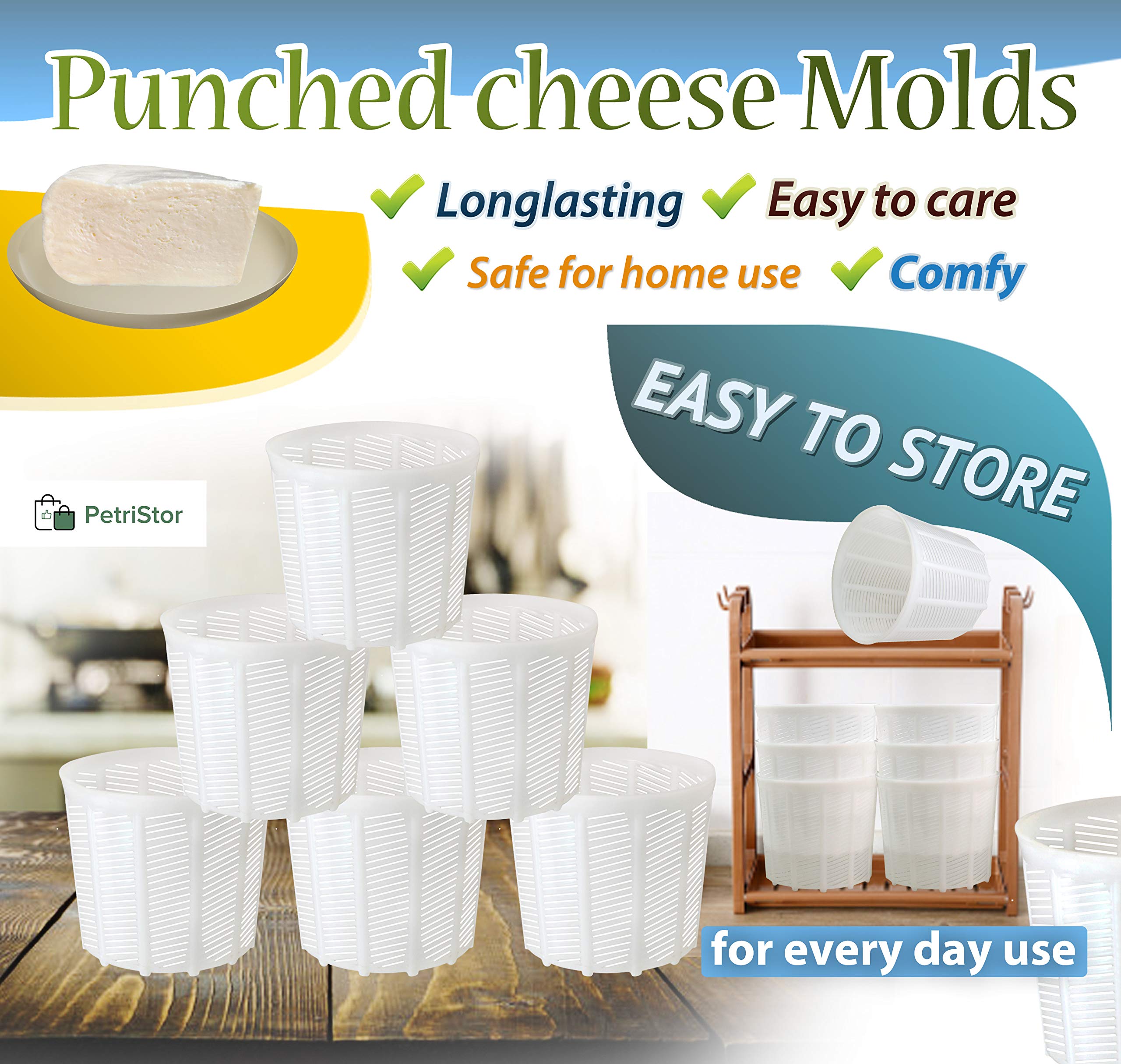 PetriStor 6 Pcs Soft Cheese Mold for Cheese Making 1.85QT - Cheese Making Mold - Cream Cheese Form Mold - Homemade Cheese Making Supplies - Molde Para Queso Fresco Casero - Feta Cheese Making Basket