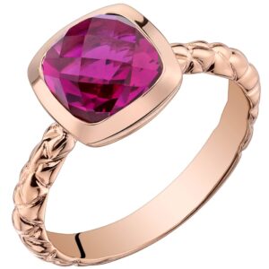 PEORA Created Ruby Solitaire Ring for Women 14K Rose Gold, 2.50 Carats Cushion Cut 7mm, Comfort Fit, Size 6