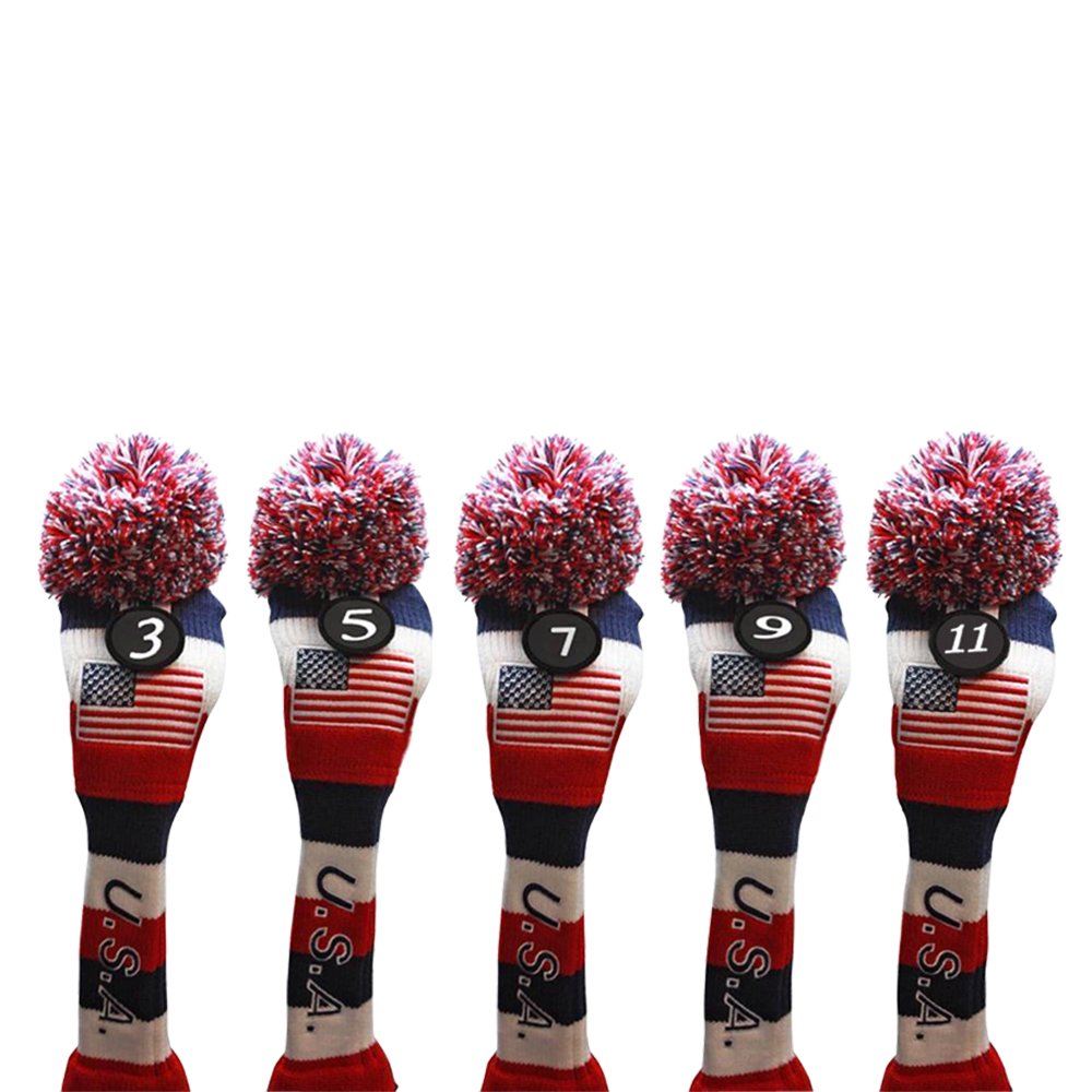 USA Majek Golf 3 5 7 9 11 Fairway Woods Headcovers Pom Pom Knit Limited Edition Vintage Classic Traditional Flag Stars Red White Blue Stripes Retro Head Cover Fits 260cc Woods