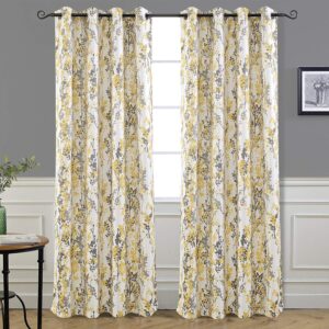 driftaway abstract floral yellow curtains for living room bedroom ink and ivy 84 inches long botanical room darkening window drapes grommet top 2 panels