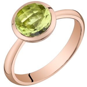 PEORA Peridot Solitaire Dome Ring for Women 14K Rose Gold, Genuine Gemstone Birthstone, 2 Carats Round Shape 7mm, AAA Grade, Size 5, August Birthstone Rings for Women, Women Statement Ring