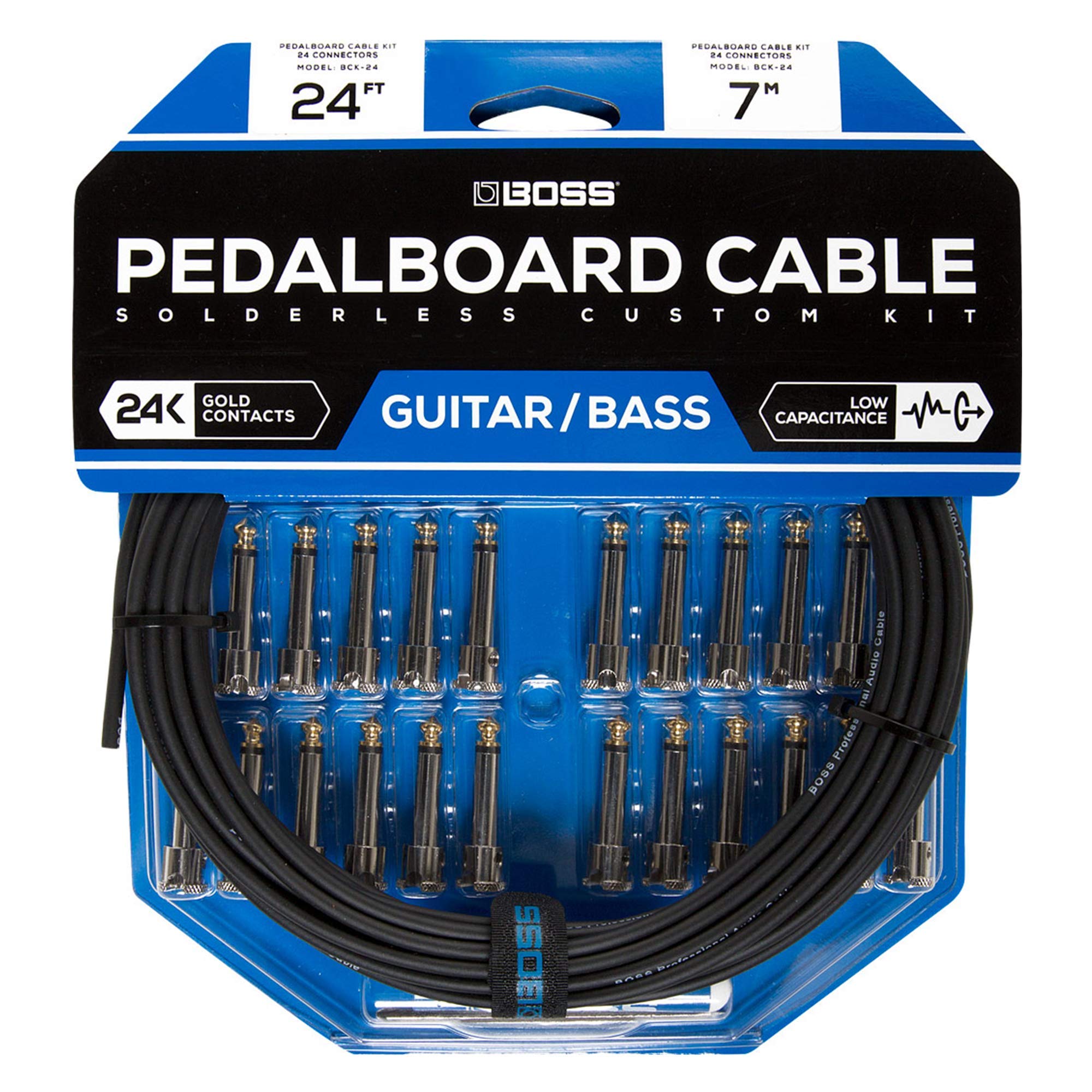 BOSS BCK-24 Solderless Pedalboard Cable Kit – 24 foot cable + 24 Right-angle/Straight 1/4" Plug Connectors to Make 12 Custom Cables