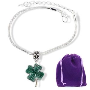 Emerald Park Jewelry Clover Bracelet | Four Leaf Clover with green Tint Stainless Steel Snake Chain Charm Bracelet