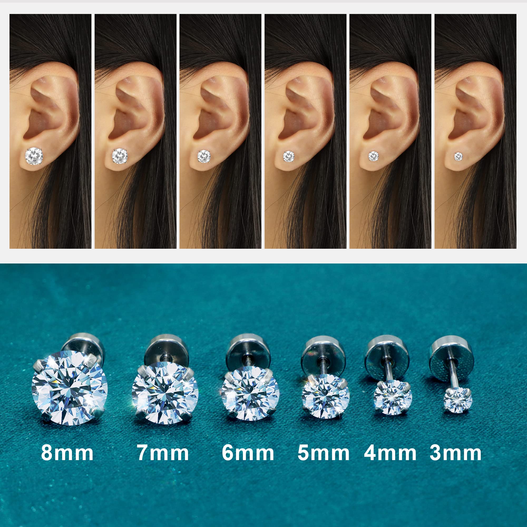 Flat Back Stud Earrings for Women Cartilage Earrings Hypoallergenic Earrings Surgical Steel Earrings CZ Earrings Studs 6 Pairs 18G