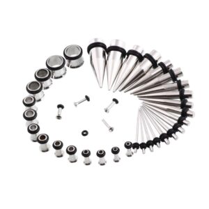 CABBE KALLO 36pcs Ear Stretching Kit Tapers Gauges Set Stainless Steel 14G-00G Plugs and Tunnels Expanders for Women Men Body Piercing Jewelry, Silvertone