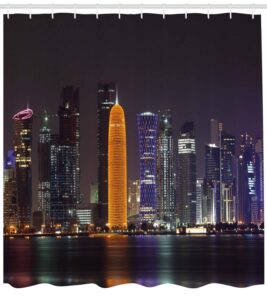 ambesonne urban shower curtain, qatar middle east town with luminous skyscraper at night view, fabric bathroom decor set with hooks, 105 inches extra wide, charcoal grey purple orange