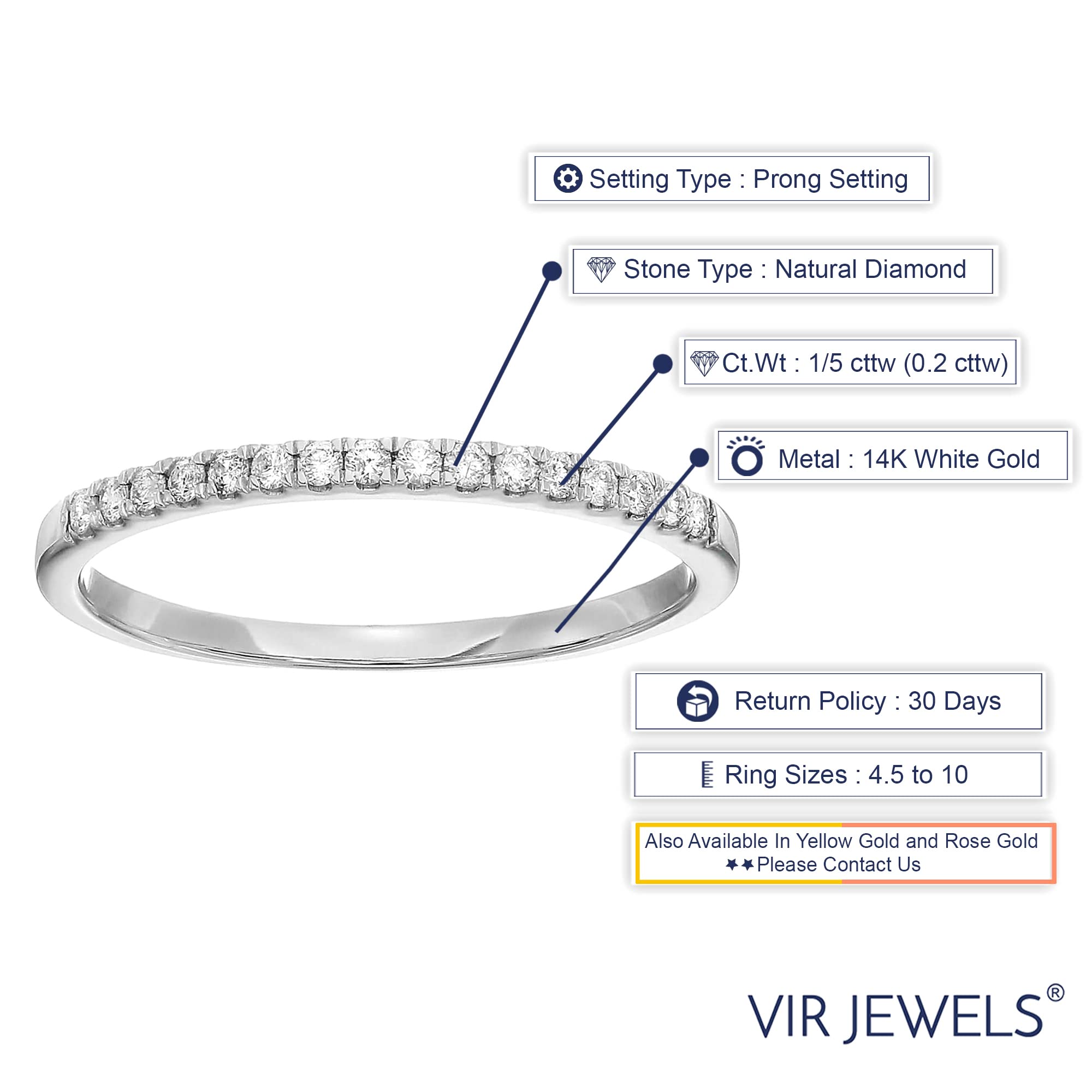 Vir Jewels 1/5 carat (ctw) Diamond Wedding Anniversary Band for Women, Half Eternity Round Diamond Engagement Ring 14K White Gold Prong Set 0.20 cttw, Size 6